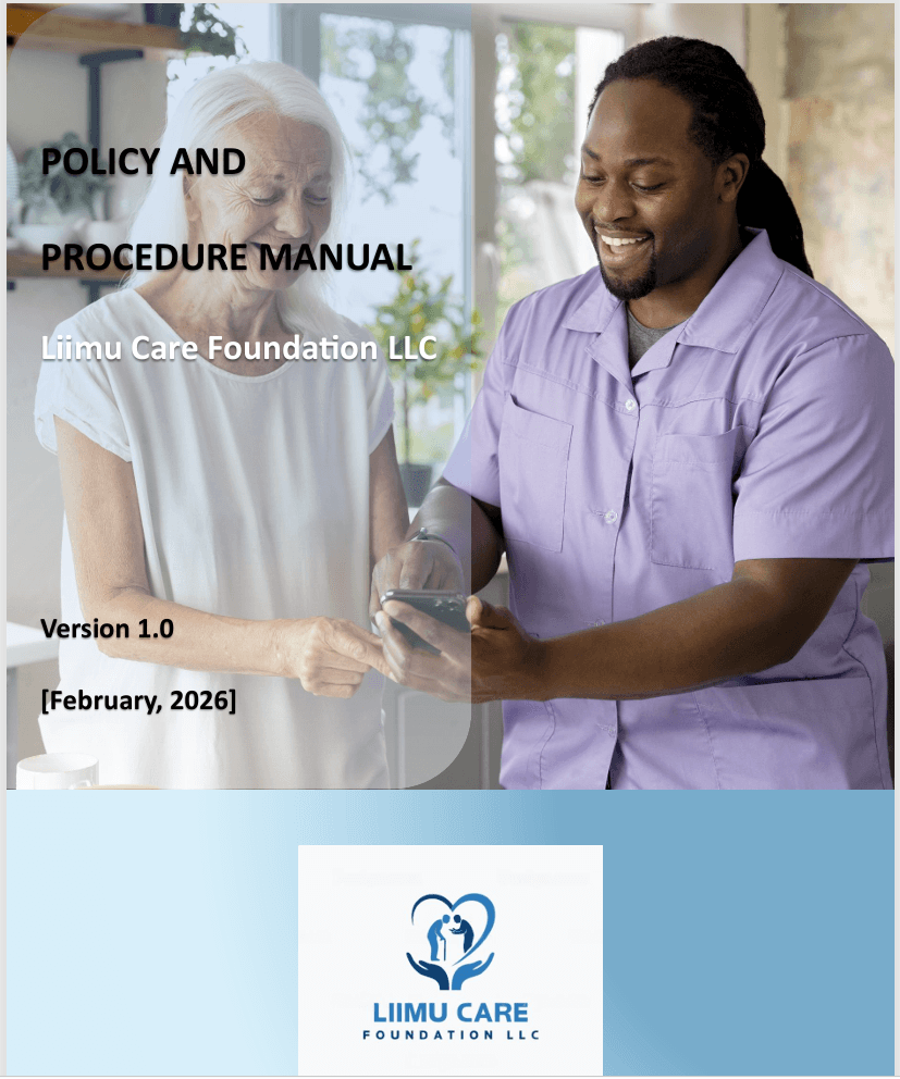 Liimu Care policy and procedure manual cover with brand identity and caregiving imagery.