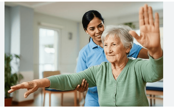 Caregiver in a blue polo assisting a seated older adult with gentle reaching exercises in a bright room.